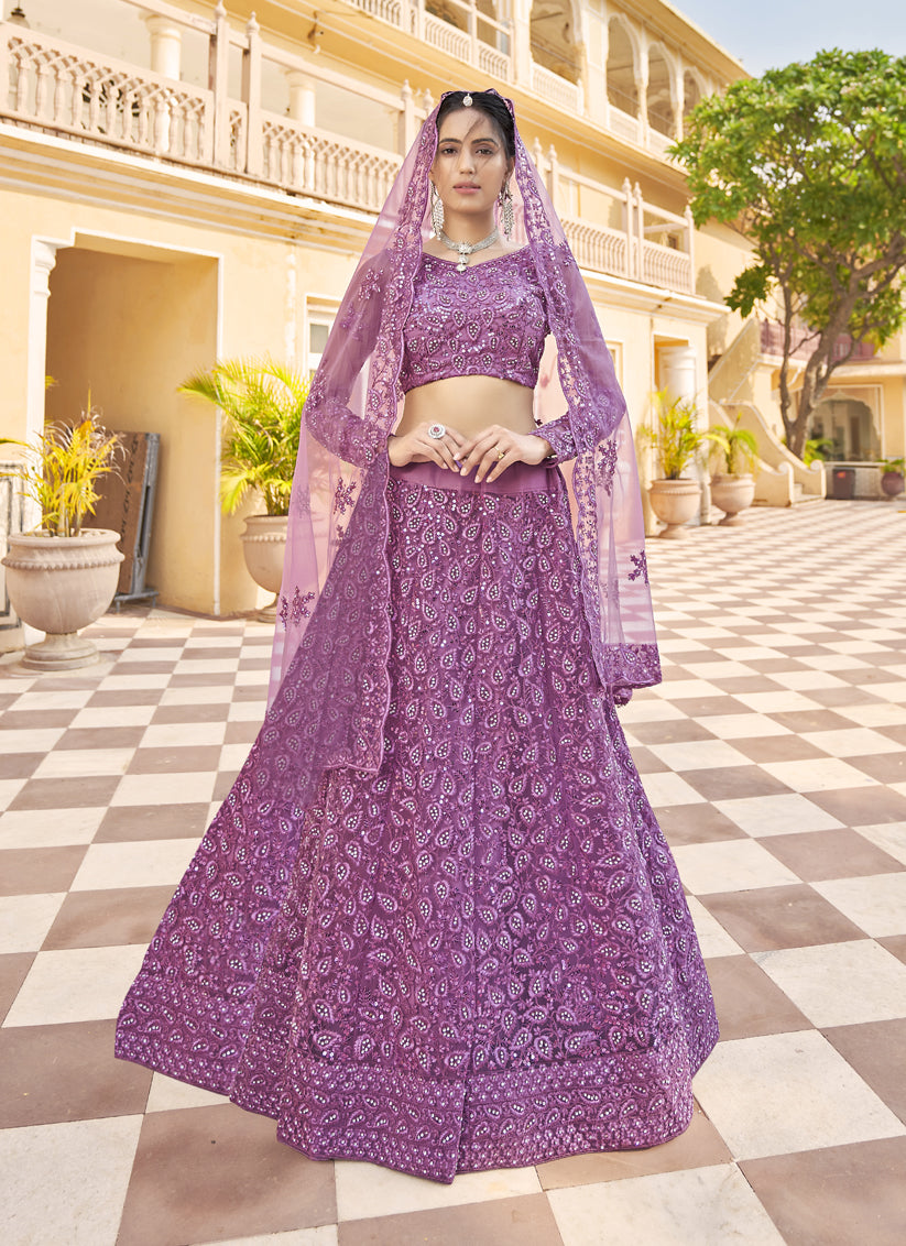 Wonderful Mauve Net Embroidered Designer Lehenga Choli