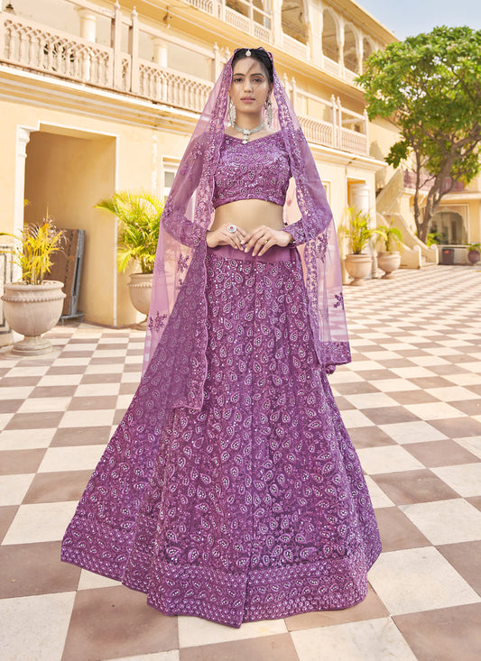 Wonderful Mauve Net Embroidered Designer Lehenga Choli