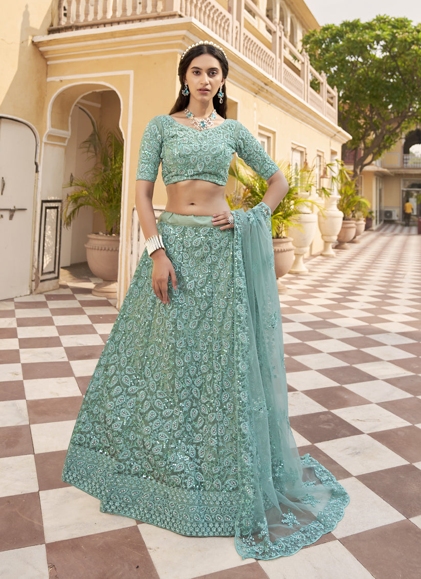 Glamorous Sea Green Net Embroidered Designer Lehenga Choli