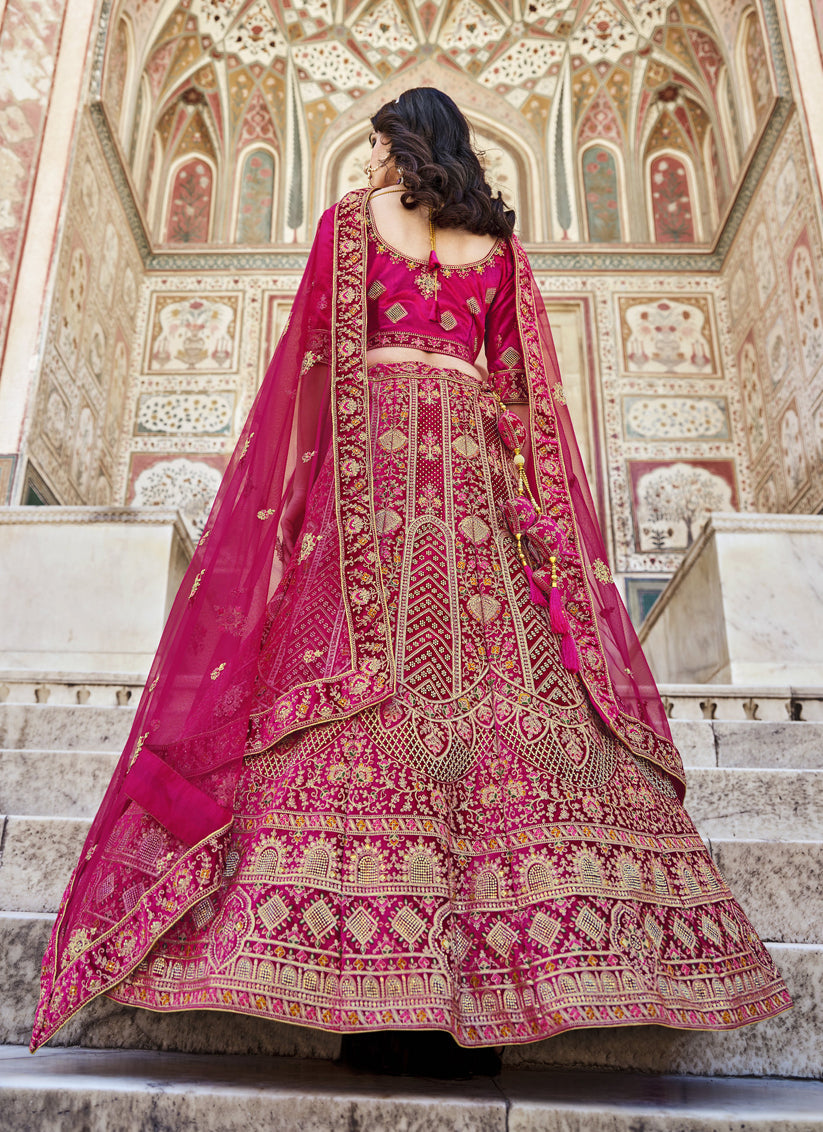Rani Pink Heavy Velvet Embroidered Bridal Lehenga Choli