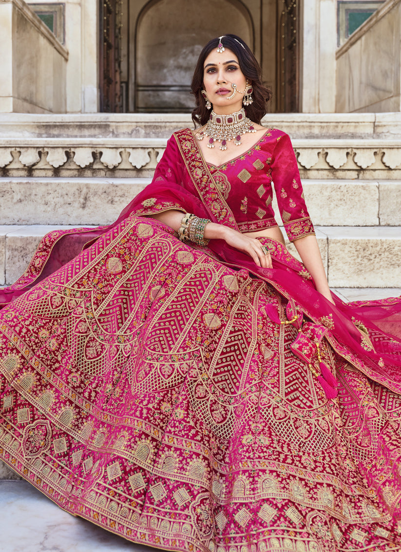 Rani Pink Heavy Velvet Embroidered Bridal Lehenga Choli