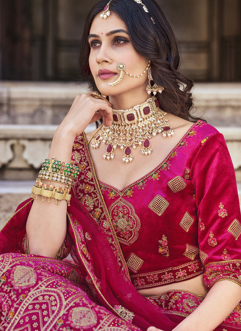 Rani Pink Heavy Velvet Embroidered Bridal Lehenga Choli