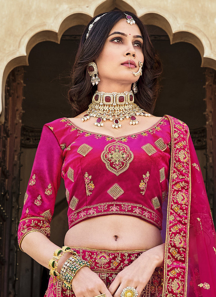 Rani Pink Heavy Velvet Embroidered Bridal Lehenga Choli