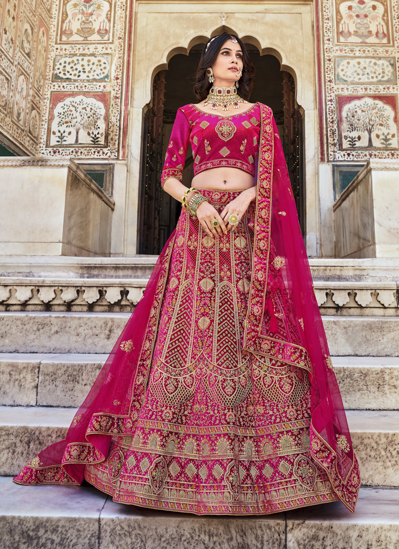 Rani Pink Heavy Velvet Embroidered Bridal Lehenga Choli