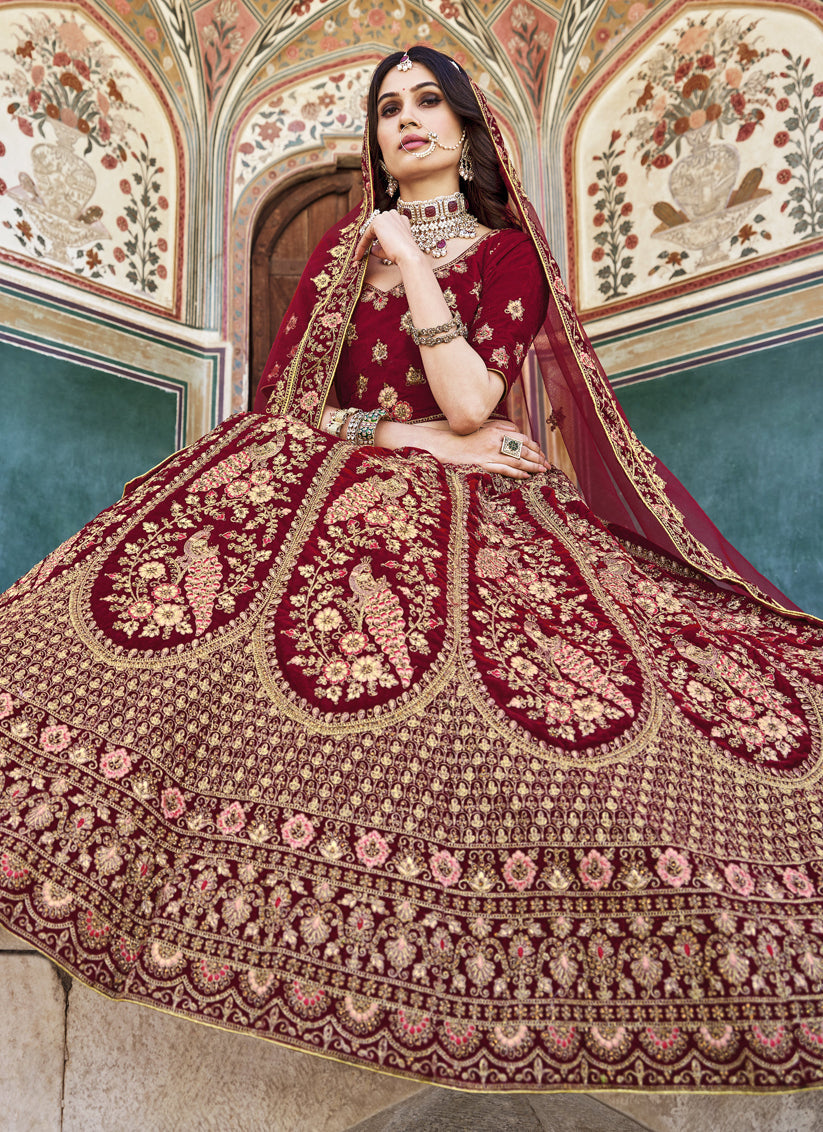Maroon Heavy Velvet Embroidered Bridal Lehenga Choli