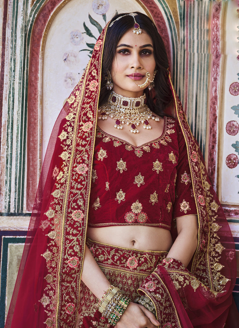 Maroon Heavy Velvet Embroidered Bridal Lehenga Choli
