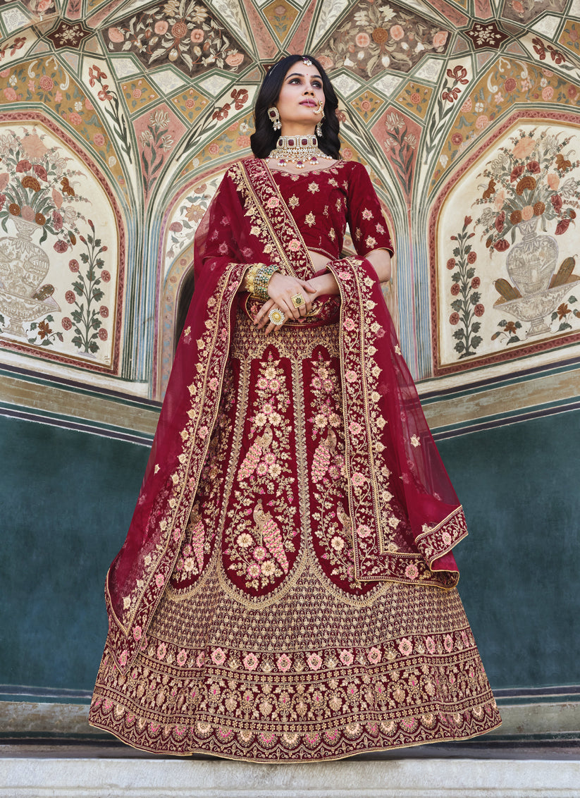 Maroon Heavy Velvet Embroidered Bridal Lehenga Choli