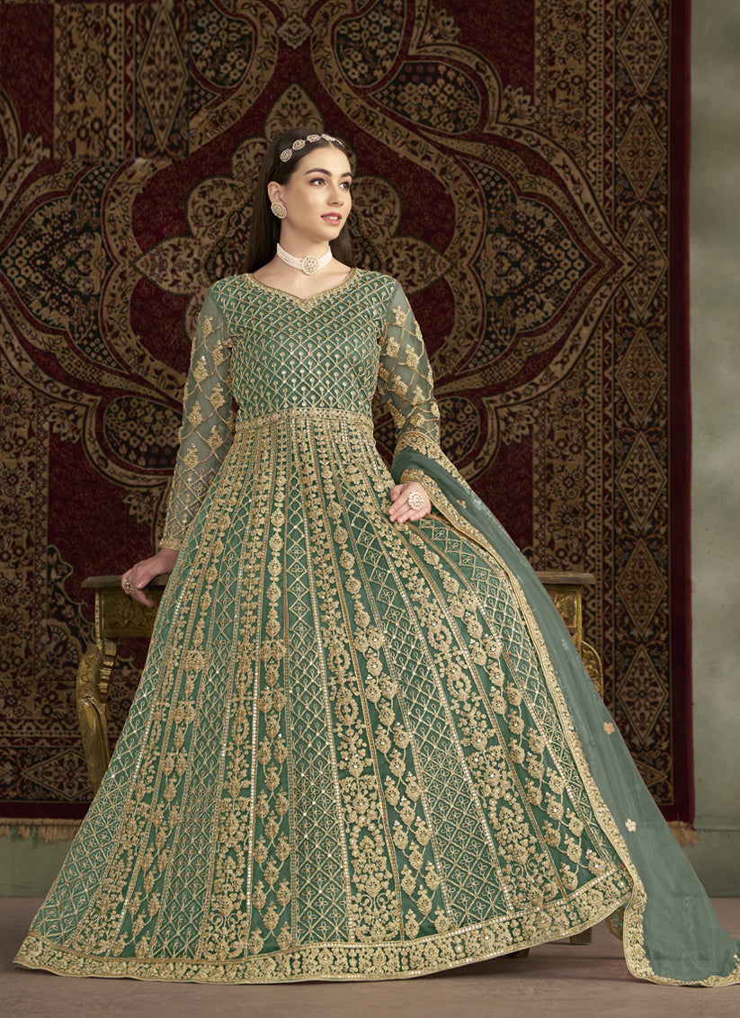 light green sequins embroidered net anarkali suit