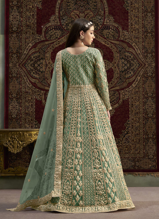 light green sequins embroidered net anarkali suit