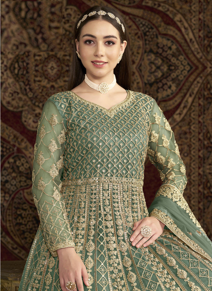 light green sequins embroidered net anarkali suit