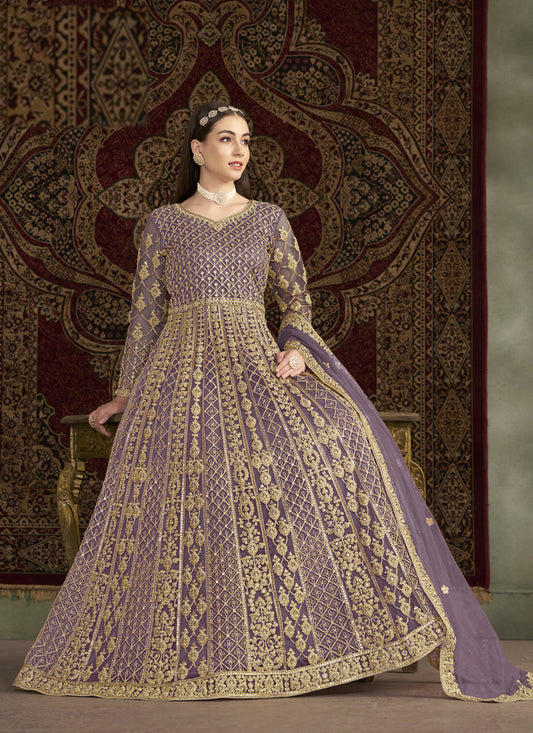 mauve sequins embroidered net anarkali suit