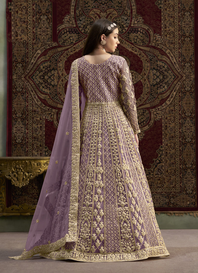 mauve sequins embroidered net anarkali suit