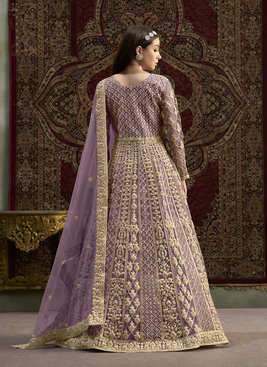 mauve sequins embroidered net anarkali suit
