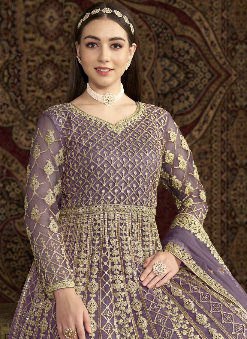 mauve sequins embroidered net anarkali suit