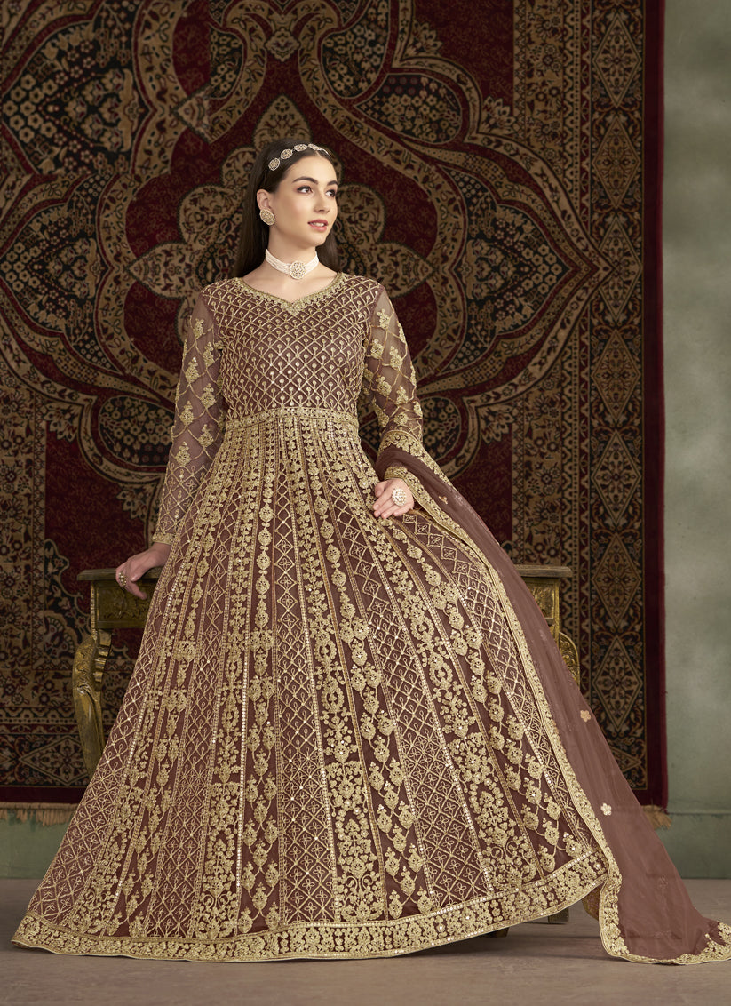 old rose sequins embroidered net anarkali suit