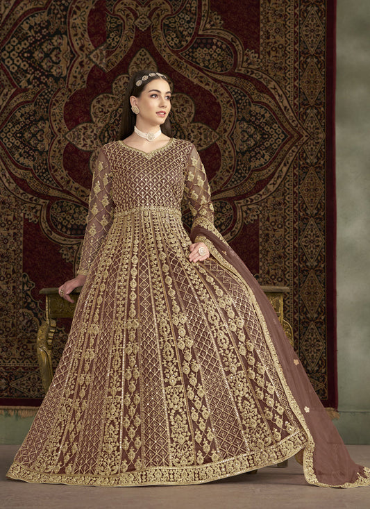 old rose sequins embroidered net anarkali suit