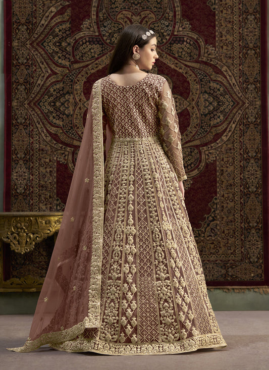 old rose sequins embroidered net anarkali suit