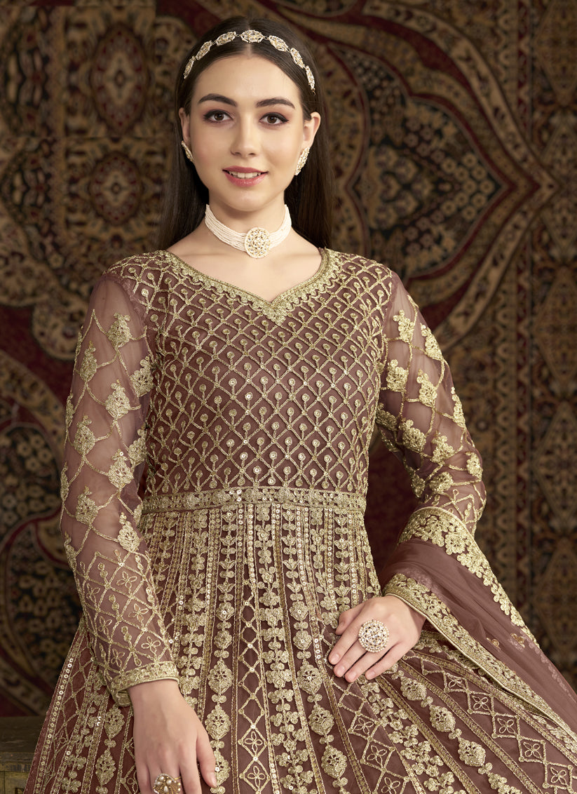 old rose sequins embroidered net anarkali suit