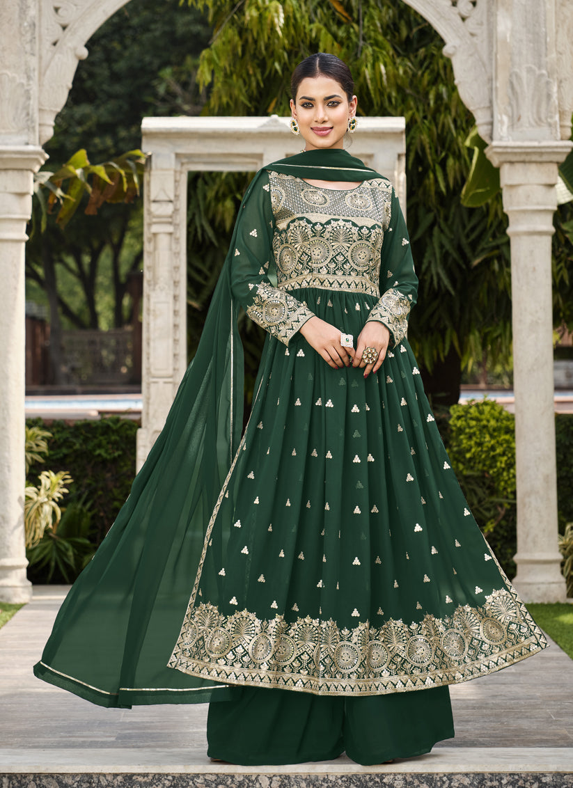 Bottle Green Georgette Sequins Embroidered Palazzo Kameez
