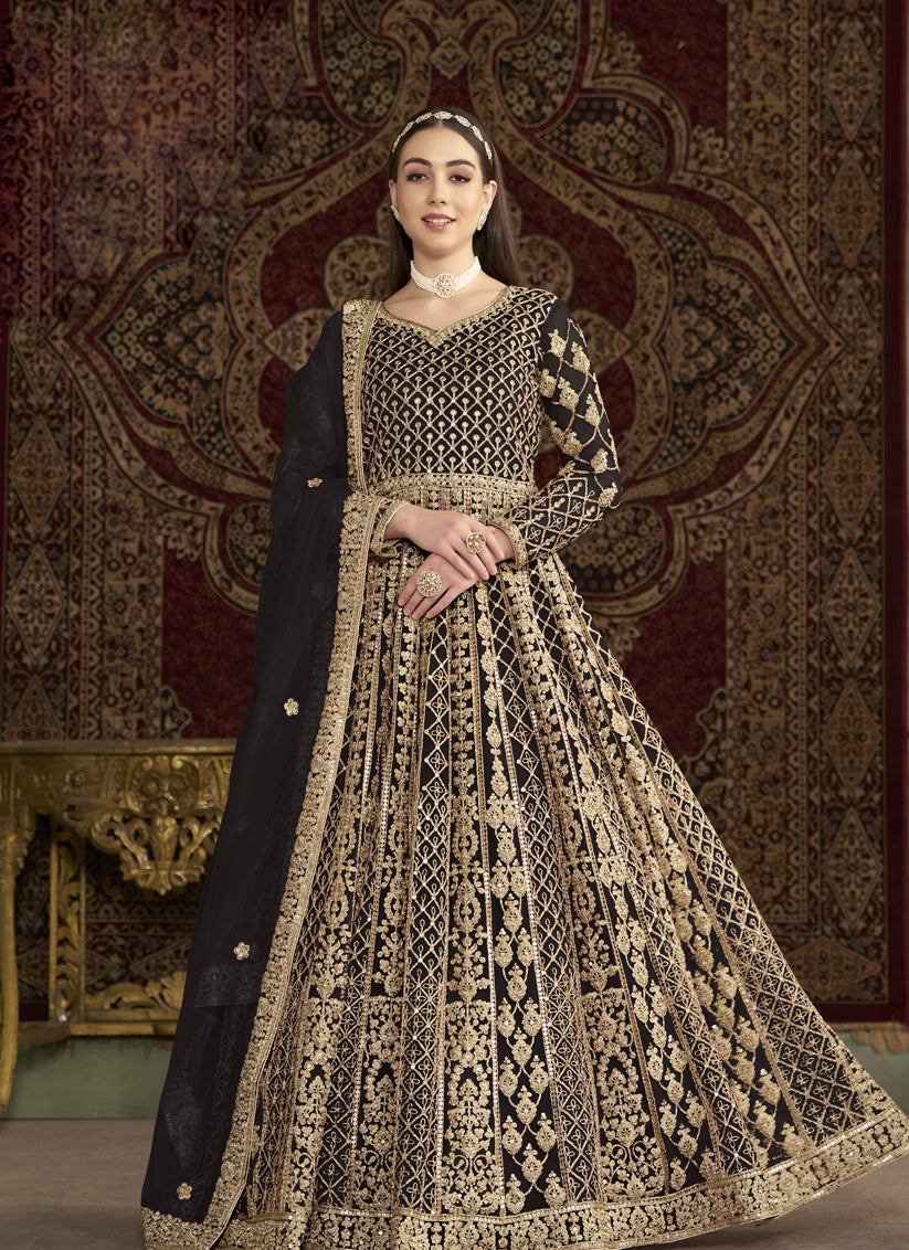 black havy embroidered net anarkali suit for festival