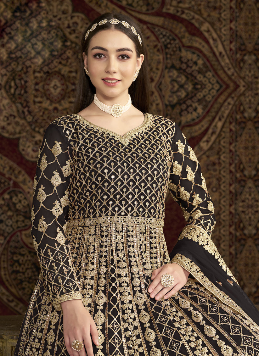 black havy embroidered net anarkali suit for festival
