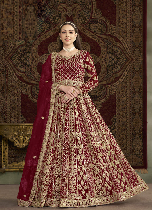 maroon havy embroidered net anarkali suit for festival