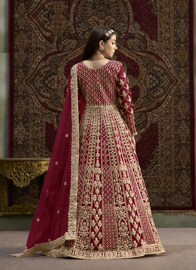 maroon havy embroidered net anarkali suit for festival