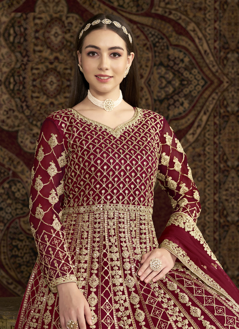 maroon havy embroidered net anarkali suit for festival
