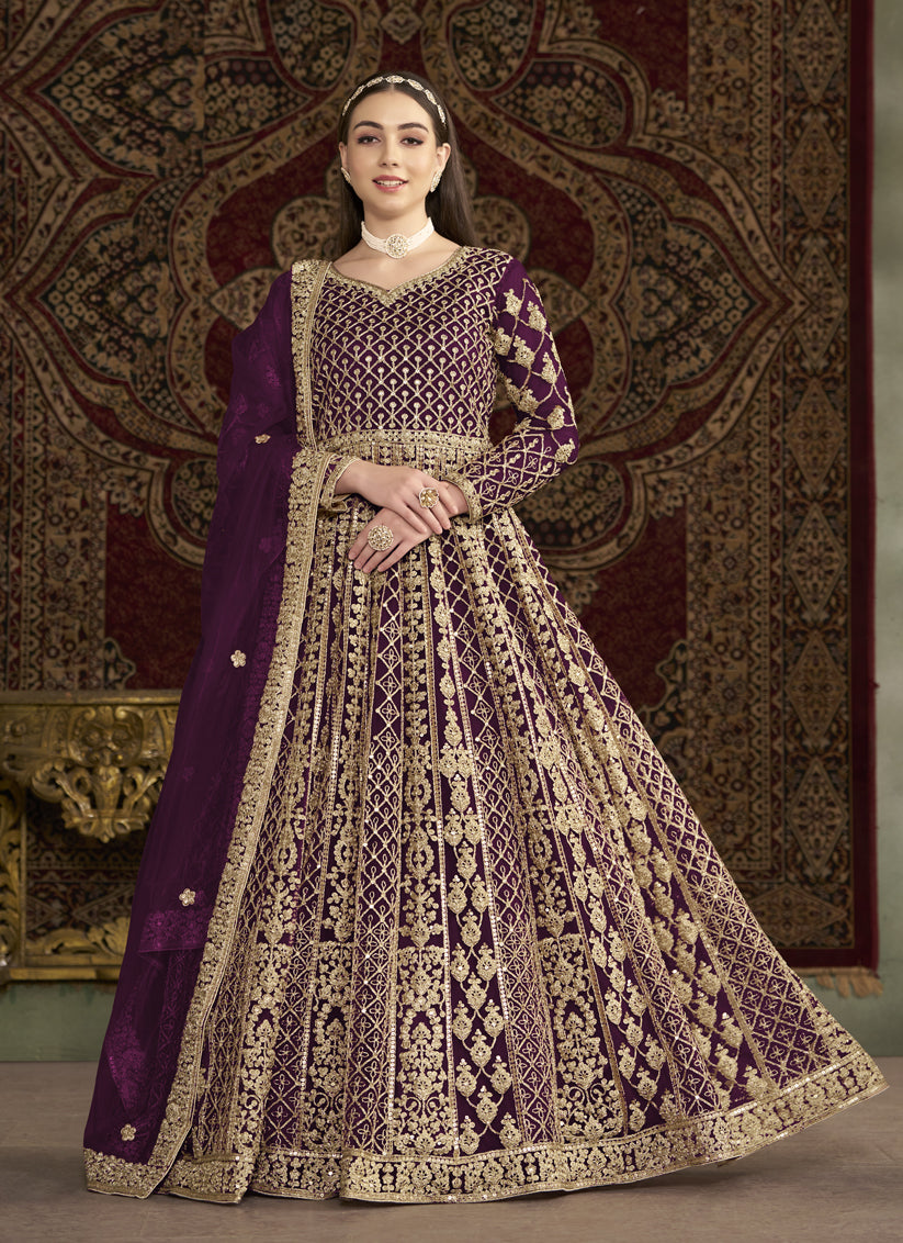 wine havy embroidered net anarkali suit for festival