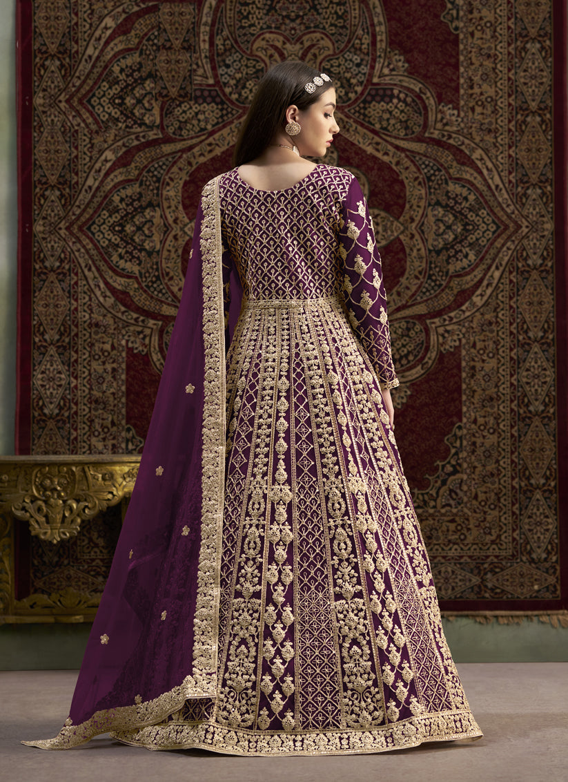 wine havy embroidered net anarkali suit for festival