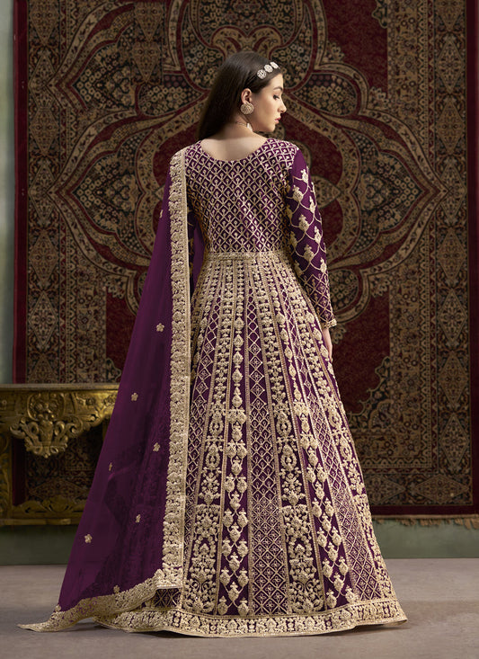 wine havy embroidered net anarkali suit for festival