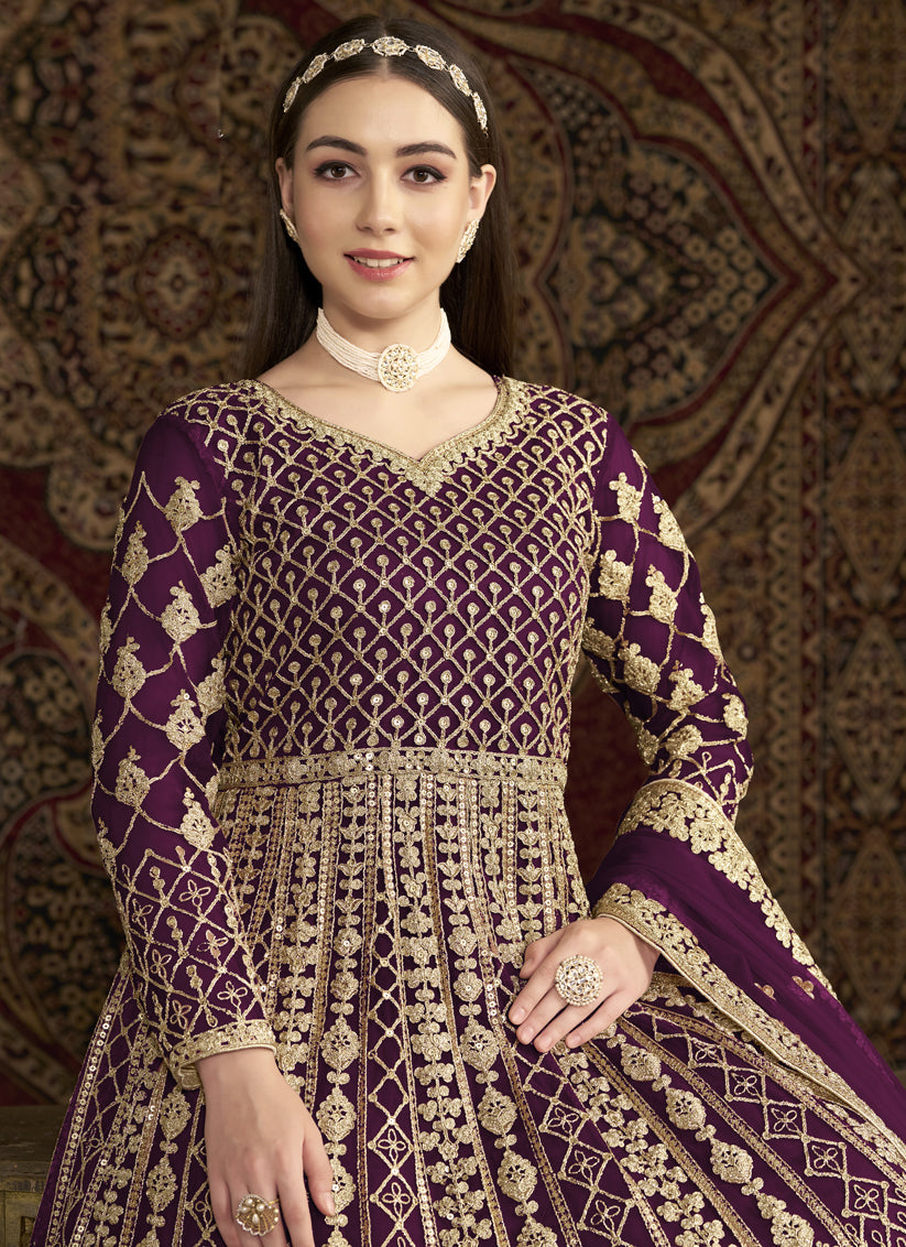 wine havy embroidered net anarkali suit for festival
