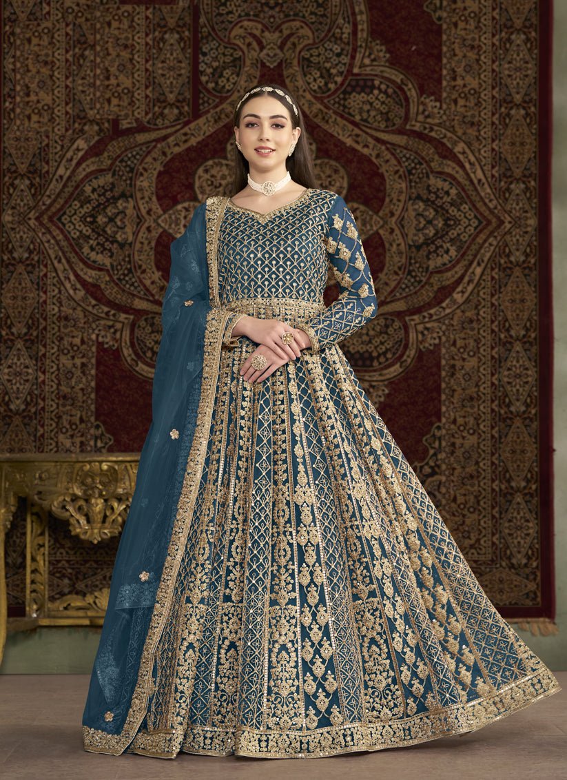 prussian blue havy embroidered net anarkali suit for festival