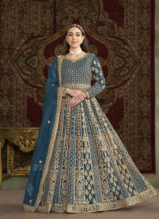 prussian blue havy embroidered net anarkali suit for festival