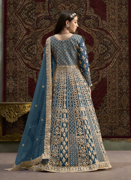 prussian blue havy embroidered net anarkali suit for festival