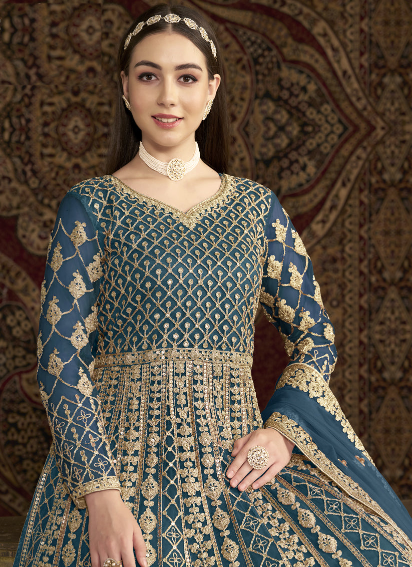 prussian blue havy embroidered net anarkali suit for festival