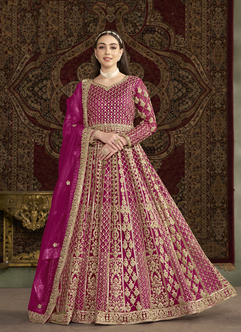 magenta havy embroidered net anarkali suit for festival