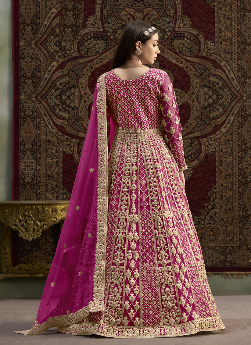 magenta havy embroidered net anarkali suit for festival