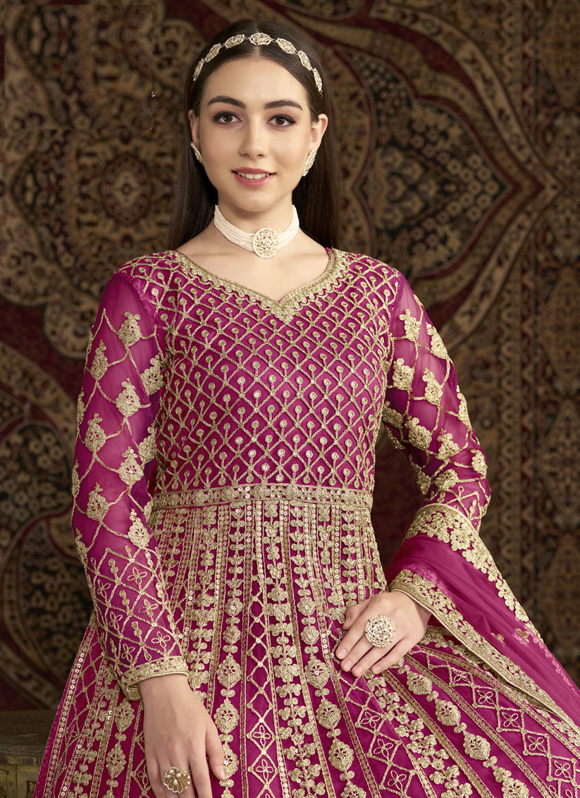 magenta havy embroidered net anarkali suit for festival