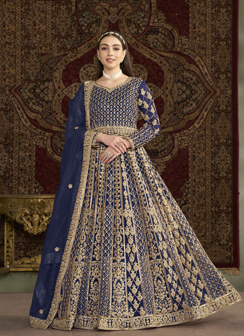 navy blue havy embroidered net anarkali suit for festival