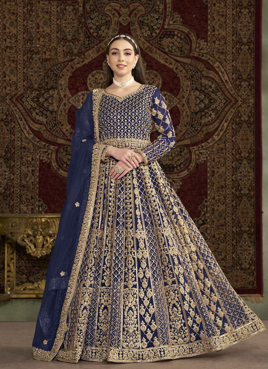 navy blue havy embroidered net anarkali suit for festival