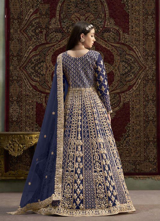 navy blue havy embroidered net anarkali suit for festival