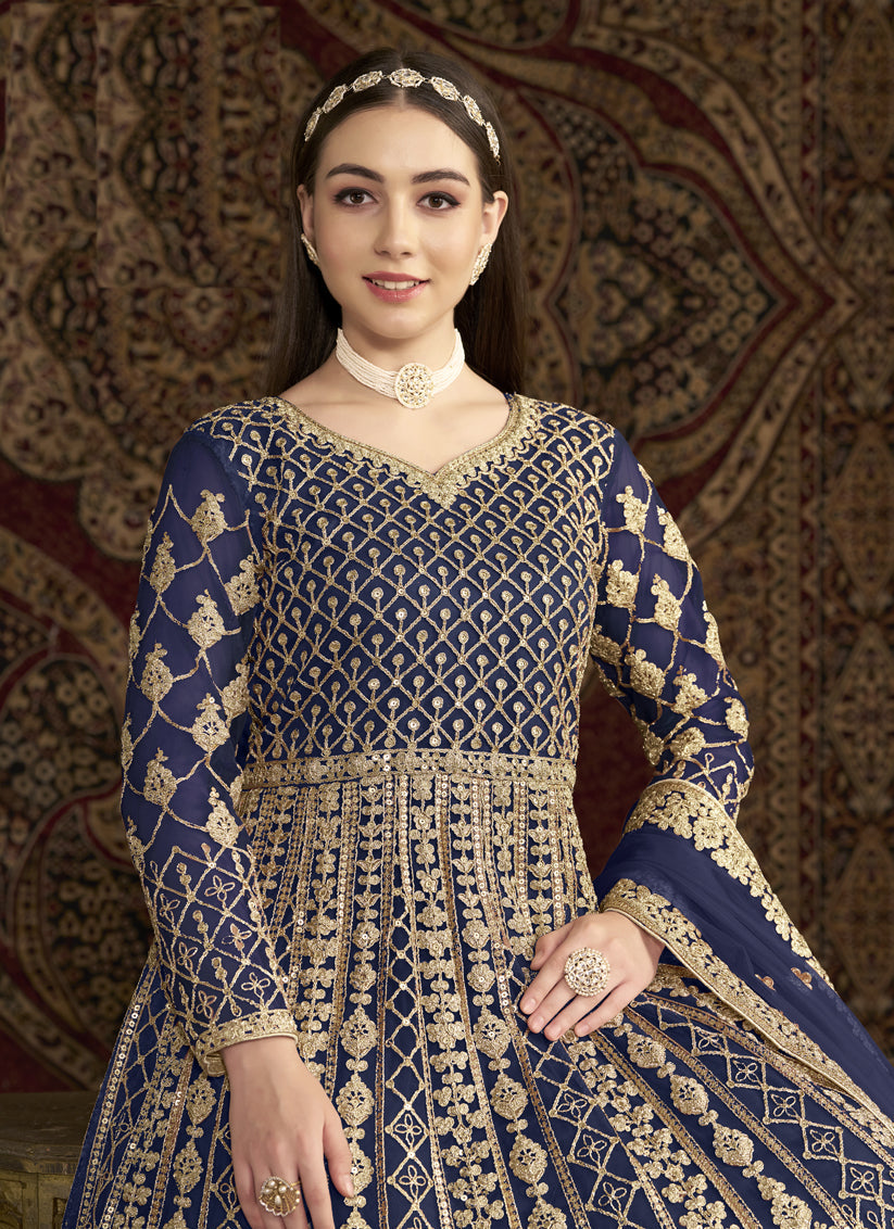 navy blue havy embroidered net anarkali suit for festival