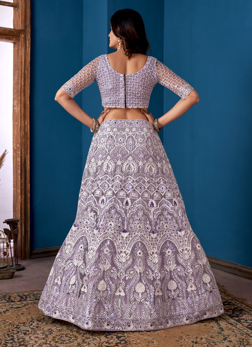 Lavender Net Embroidered Wedding Wear Lehenga Choli