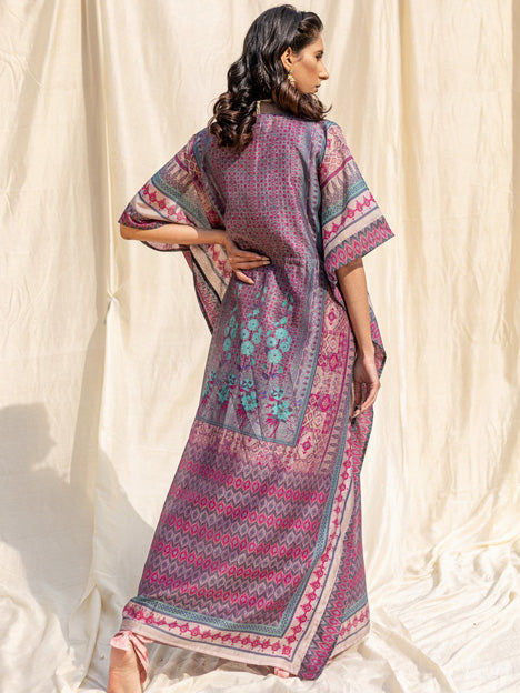 Multi Color Silk Floral Print Kaftan