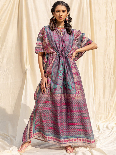 Multi Color Silk Floral Print Kaftan