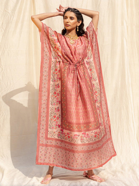 Peach Silk Floral Print Kaftan