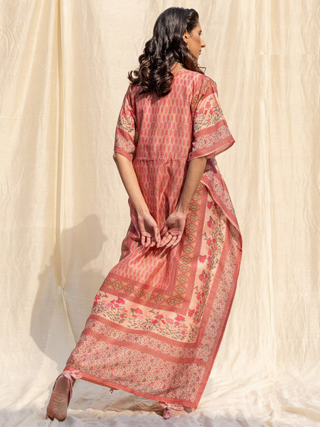 Peach Silk Floral Print Kaftan