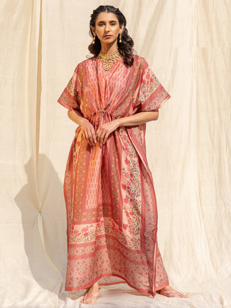 Peach Silk Floral Print Kaftan