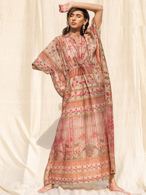 Beige Silk Floral Print Kaftan